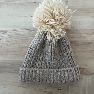 Anthropologie Gray Knit Beanie with Cream Pom-Pom